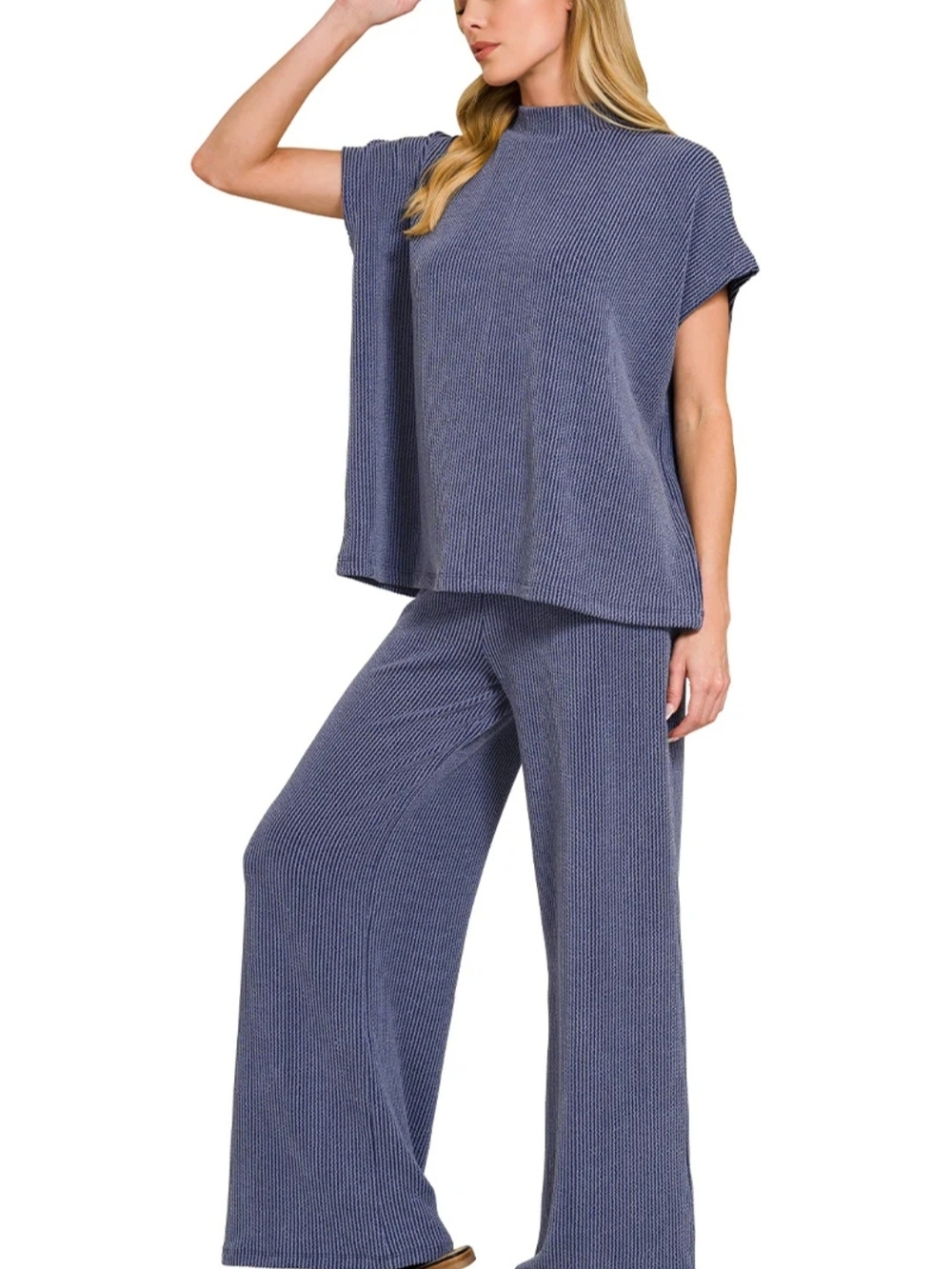 Zenana Outfitters Easy Days Raised Rib Wide-Leg Lounge Set - Navy Blue